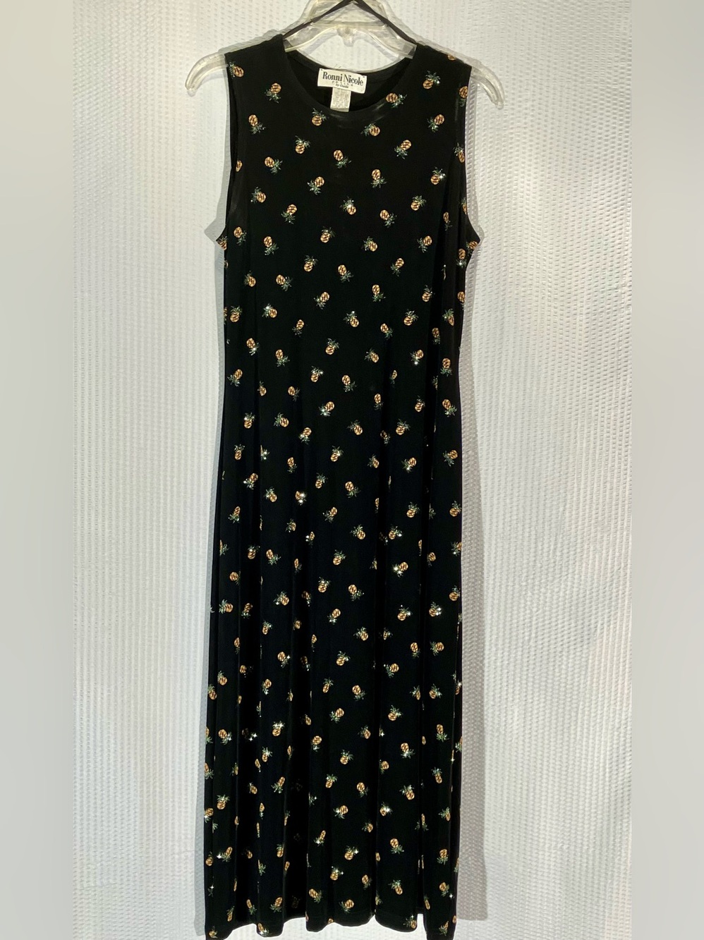 Ronni Nicole Black Maxi Dress with Gold and Green Pineapple Motif